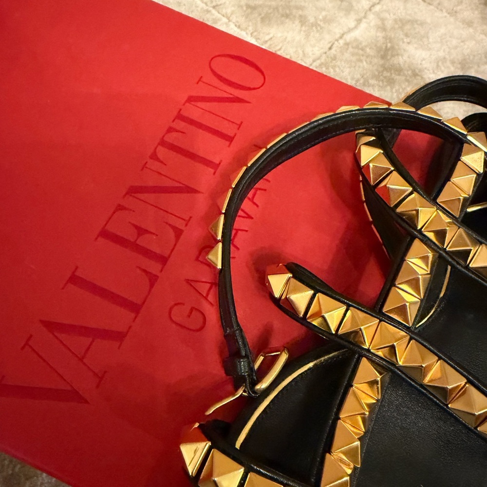 Valentino Black Leather Sandal with Gold Pyramid Studs and Ankle Strap - Picture 5 of 7